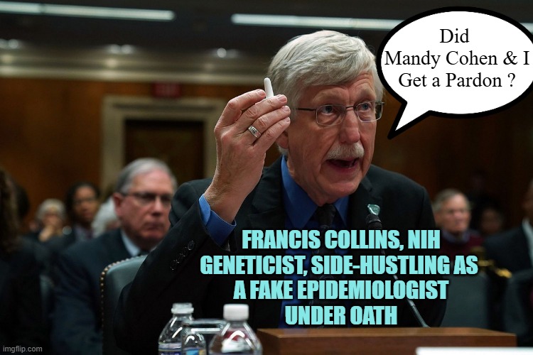 Francis Collins | Did 
Mandy Cohen & I
Get a Pardon ? FRANCIS COLLINS, NIH
GENETICIST, SIDE-HUSTLING AS 
A FAKE EPIDEMIOLOGIST
UNDER OATH | image tagged in francis collins | made w/ Imgflip meme maker