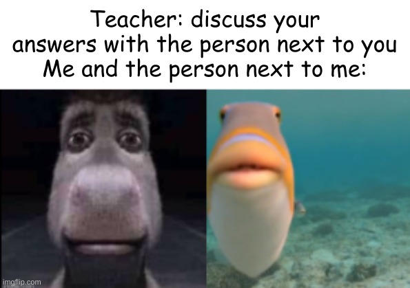 why does teachers always make us talk to random ppl | Teacher: discuss your answers with the person next to you
Me and the person next to me: | image tagged in bruh | made w/ Imgflip meme maker