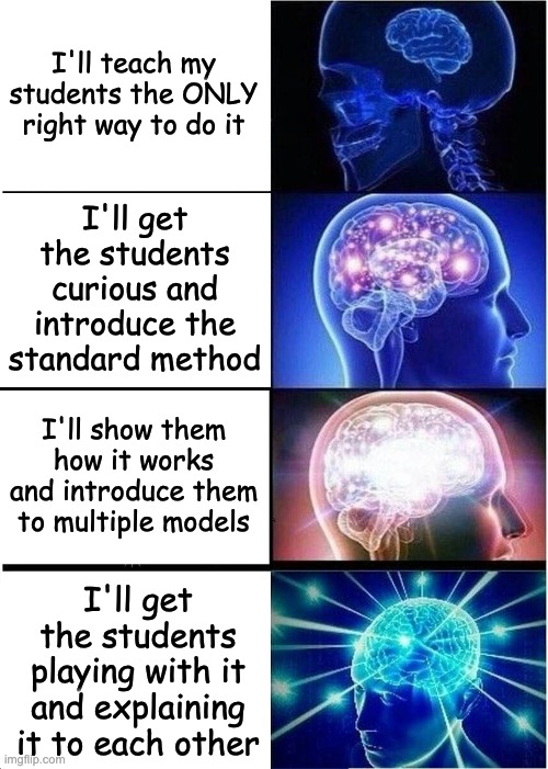 Expanding Brain Meme | I'll teach my students the ONLY right way to do it I'll get the students curious and introduce the standard method I'll show them how it wor | image tagged in memes,expanding brain | made w/ Imgflip meme maker