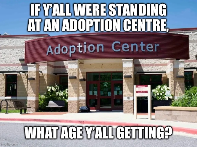 IF Y’ALL WERE STANDING AT AN ADOPTION CENTRE, WHAT AGE Y’ALL GETTING? | image tagged in adop,tion | made w/ Imgflip meme maker