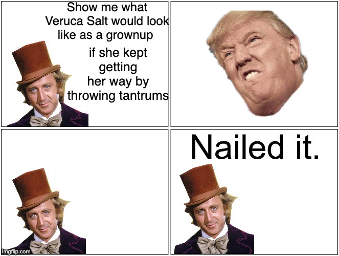 Nailed It Wonka | Show me what Veruca Salt would look like as a grownup if she kept getting her way by throwing tantrums | image tagged in nailed it wonka | made w/ Imgflip meme maker