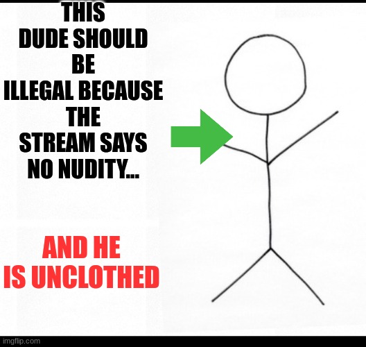 Stick man | THIS DUDE SHOULD BE ILLEGAL BECAUSE THE STREAM SAYS NO NUDITY... AND HE IS UNCLOTHED | image tagged in stick man | made w/ Imgflip meme maker