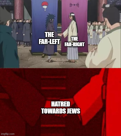 For different reasons of course. | THE FAR-RIGHT; THE FAR-LEFT; HATRED TOWARDS JEWS | image tagged in naruto handshake meme template,memes,politics,communism,fascism,jews | made w/ Imgflip meme maker