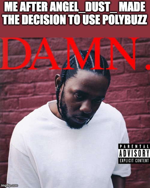 DAMN. | ME AFTER ANGEL_DUST_ MADE THE DECISION TO USE POLYBUZZ | image tagged in kendrick lamar | made w/ Imgflip meme maker