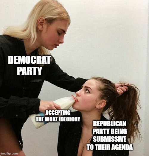 The Republican Party shows no Heart and won't  take the fight to the dems, they are weak and passive. | DEMOCRAT PARTY; ACCEPTING THE WOKE IDEOLOGY; REPUBLICAN PARTY BEING SUBMISSIVE TO THEIR AGENDA | image tagged in milk girls,republicans,democrats,woke,agenda | made w/ Imgflip meme maker