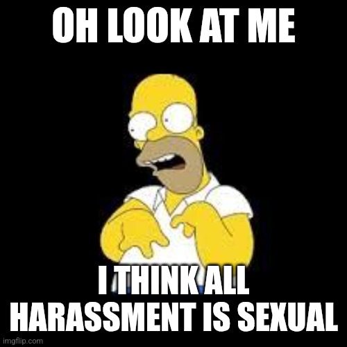 To harass means to annoy, bully, bother etc.. | OH LOOK AT ME; I THINK ALL HARASSMENT IS SEXUAL | image tagged in look marge | made w/ Imgflip meme maker