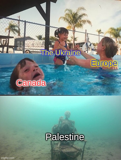 The world today: | The Ukraine; Europe; Canada; Palestine | image tagged in mother ignoring kid drowning in a pool | made w/ Imgflip meme maker