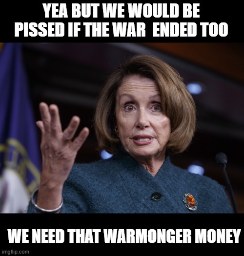 Good old Nancy Pelosi | YEA BUT WE WOULD BE PISSED IF THE WAR  ENDED TOO WE NEED THAT WARMONGER MONEY | image tagged in good old nancy pelosi | made w/ Imgflip meme maker