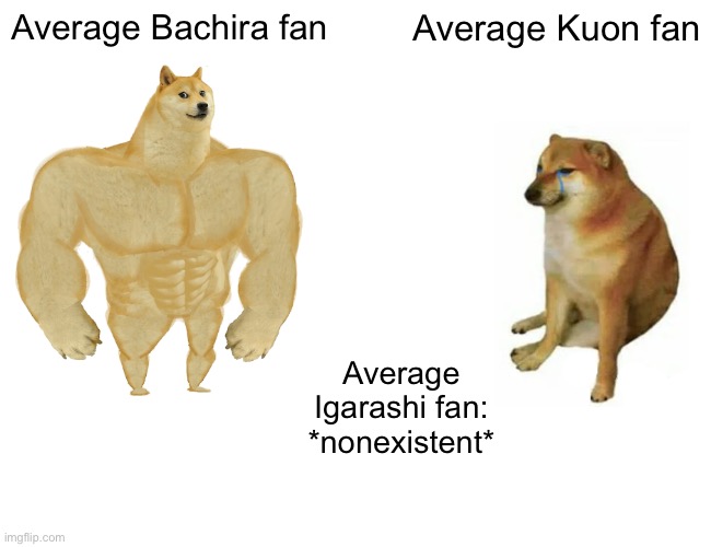 Buff Doge vs. Cheems | Average Bachira fan; Average Kuon fan; Average Igarashi fan: *nonexistent* | image tagged in memes,buff doge vs cheems | made w/ Imgflip meme maker