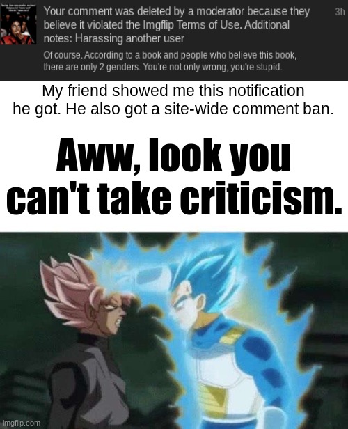 TTF5 | My friend showed me this notification he got. He also got a site-wide comment ban. Aww, look you can't take criticism. | image tagged in aww look who can t say | made w/ Imgflip meme maker