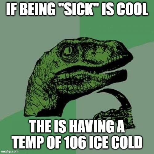 Philosoraptor Meme | IF BEING "SICK" IS COOL; THE IS HAVING A TEMP OF 106 ICE COLD | image tagged in memes,philosoraptor | made w/ Imgflip meme maker