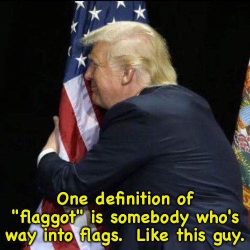 One definition of "flaggot" is somebody who's way into flags.  Like this guy. | image tagged in trump hugging flag | made w/ Imgflip meme maker