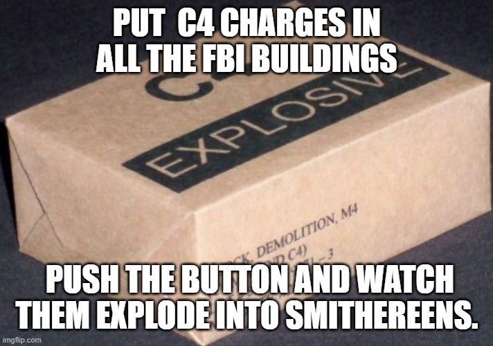 C4 | PUT  C4 CHARGES IN ALL THE FBI BUILDINGS PUSH THE BUTTON AND WATCH THEM EXPLODE INTO SMITHEREENS. | image tagged in c4 | made w/ Imgflip meme maker