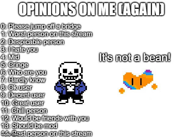 Doing this again since I'm better known (sans for undertale purposes) | OPINIONS ON ME (AGAIN); It's not a bean! | image tagged in undertale | made w/ Imgflip meme maker