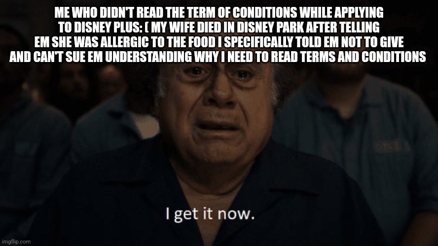 Danny devito | ME WHO DIDN'T READ THE TERM OF CONDITIONS WHILE APPLYING TO DISNEY PLUS: ( MY WIFE DIED IN DISNEY PARK AFTER TELLING EM SHE WAS ALLERGIC TO  | image tagged in danny devito | made w/ Imgflip meme maker