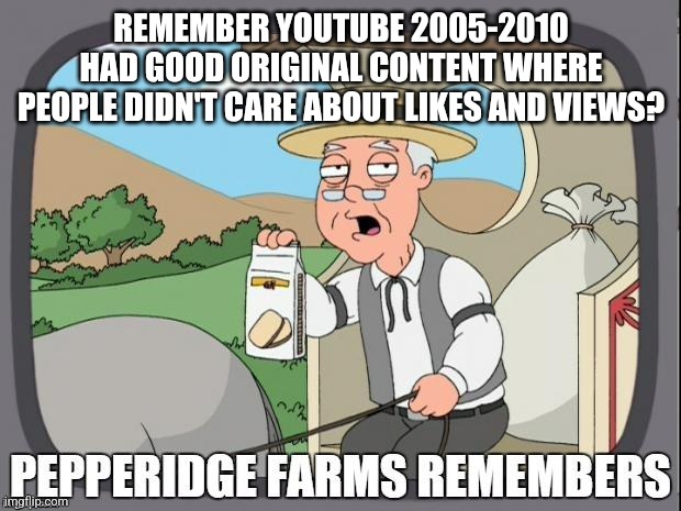 PEPPERIDGE FARMS REMEMBERS | REMEMBER YOUTUBE 2005-2010 HAD GOOD ORIGINAL CONTENT WHERE PEOPLE DIDN'T CARE ABOUT LIKES AND VIEWS? | image tagged in pepperidge farms remembers | made w/ Imgflip meme maker