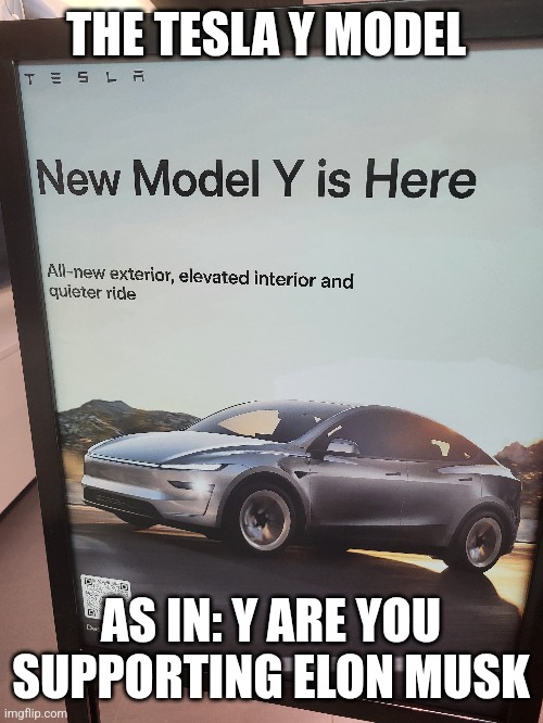 Y are you supporting Elon Musk | THE TESLA Y MODEL; AS IN: Y ARE YOU SUPPORTING ELON MUSK | image tagged in elon musk,tesla,doge | made w/ Imgflip meme maker