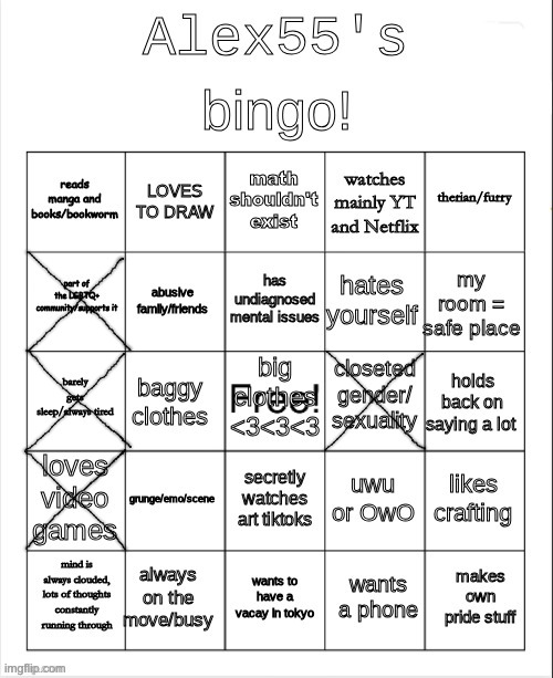 am i supposed to cross out the free square or not?? the person who made this bingo is highkey a dumbass | image tagged in alex55's bingo | made w/ Imgflip meme maker