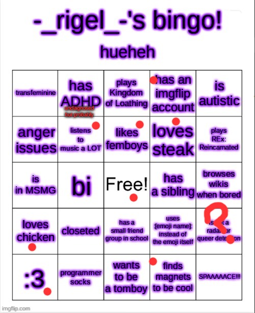 hehe:3 (Ade: i think every damn one of us has an imgflip account) | undiagnosed but probably | image tagged in rigel's bingo | made w/ Imgflip meme maker