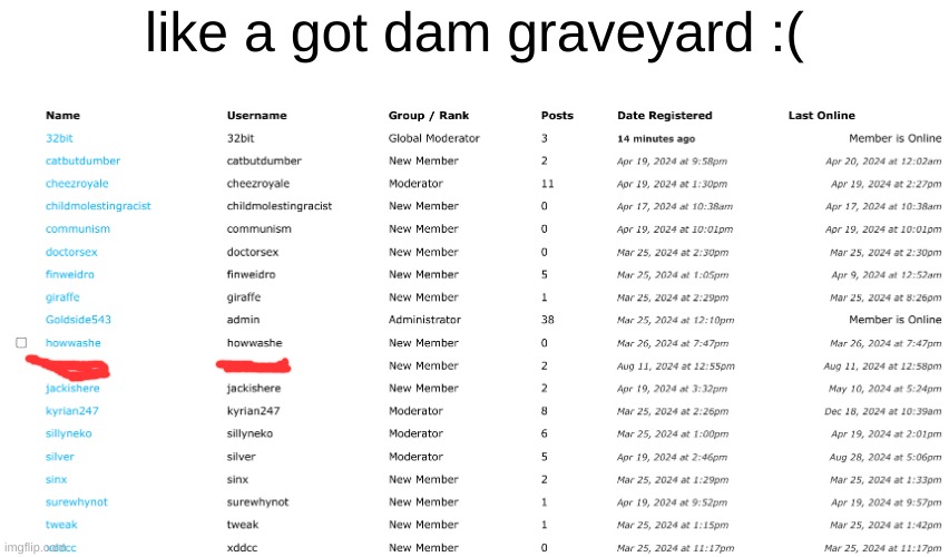 one name censored because slur | like a got dam graveyard :( | made w/ Imgflip meme maker