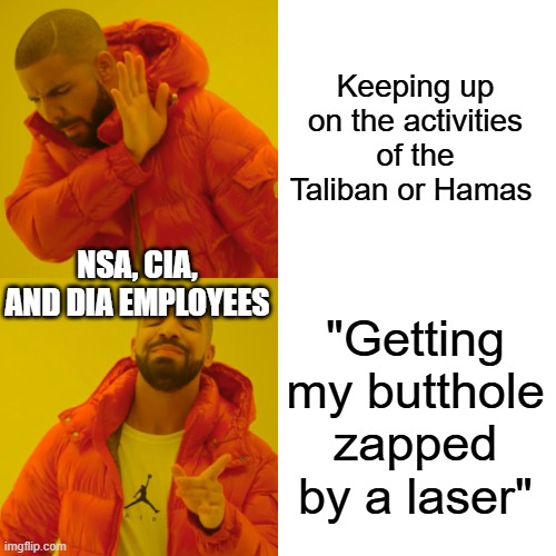 Don't forget they are better than you | Keeping up on the activities of the Taliban or Hamas; NSA, CIA, AND DIA EMPLOYEES; "Getting my butthole zapped by a laser" | image tagged in memes,drake hotline bling | made w/ Imgflip meme maker