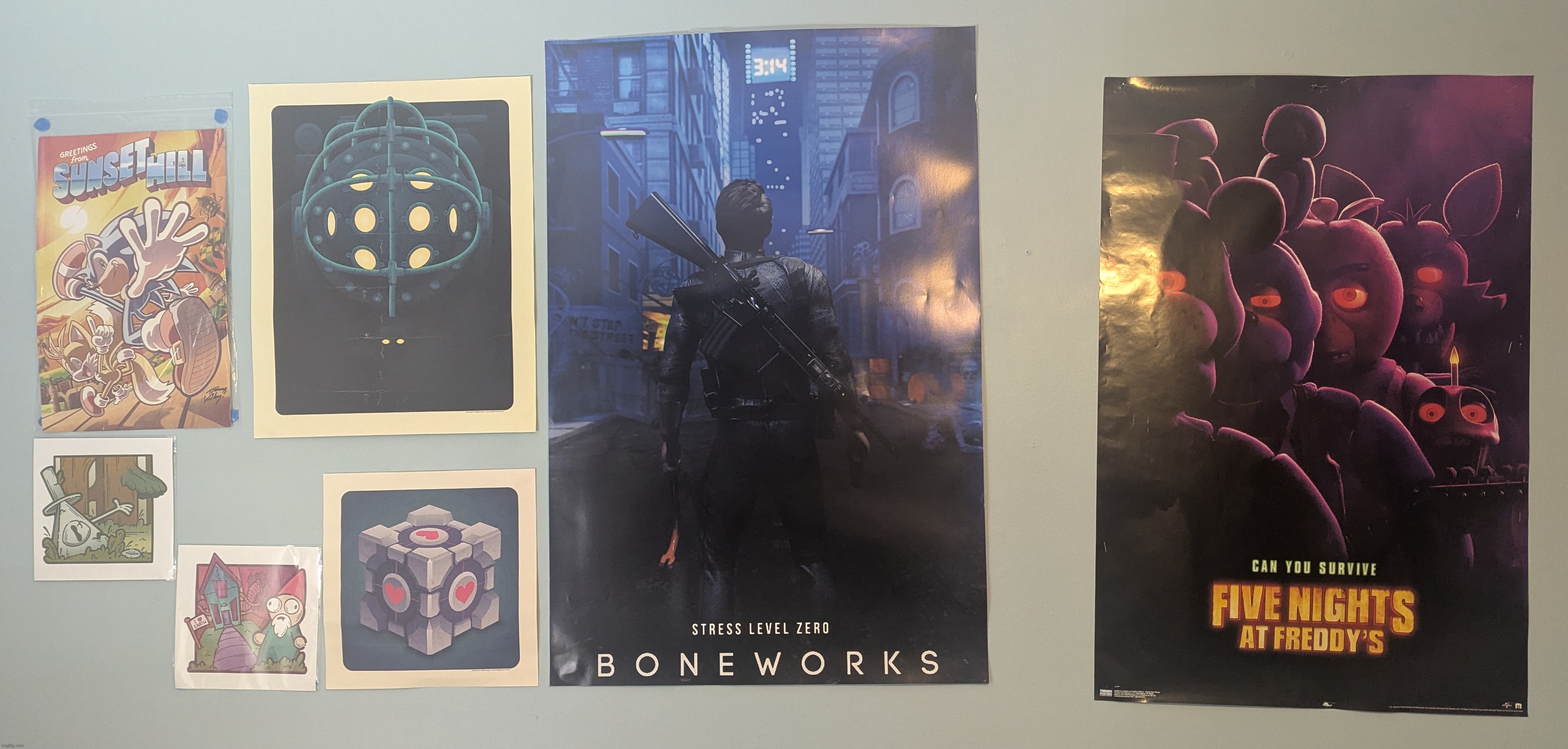 never really had so many posters before. Hung these today | image tagged in bonelab,fnaf,portal,bioshock,sonic,gravity falls | made w/ Imgflip meme maker