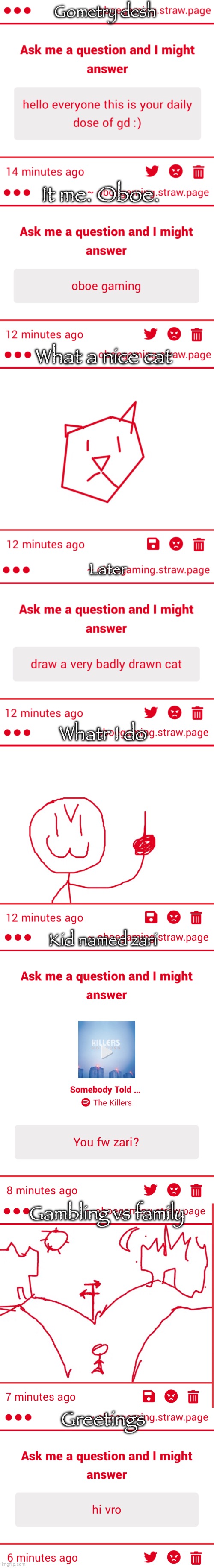 Shoutout to the guy who spammed the n word and drew dicks | Gometry desh; It me. Oboe. What a nice cat; Later; Whatr I do; Kid named zari; Gambling vs family; Greetings | made w/ Imgflip meme maker