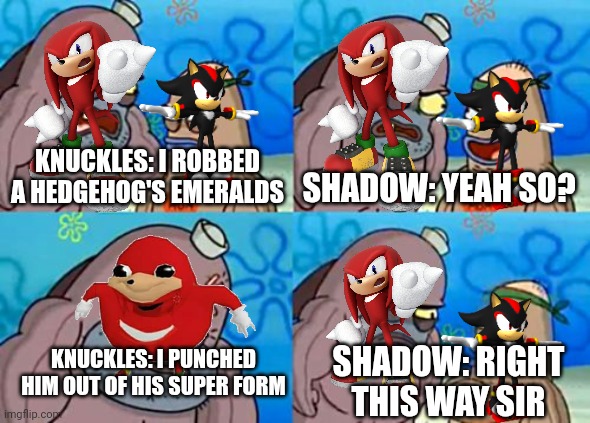 Random meme i made | KNUCKLES: I ROBBED A HEDGEHOG'S EMERALDS; SHADOW: YEAH SO? KNUCKLES: I PUNCHED HIM OUT OF HIS SUPER FORM; SHADOW: RIGHT THIS WAY SIR | image tagged in memes,how tough are you,sonic | made w/ Imgflip meme maker