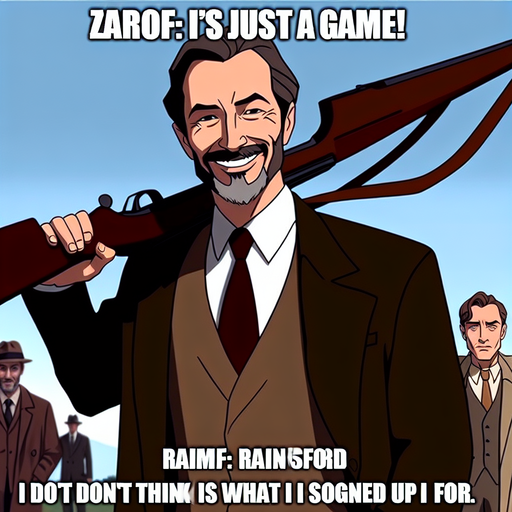 Text on the meme: Image: A picture of Zaroff smiling with a rifl Blank Meme Template
