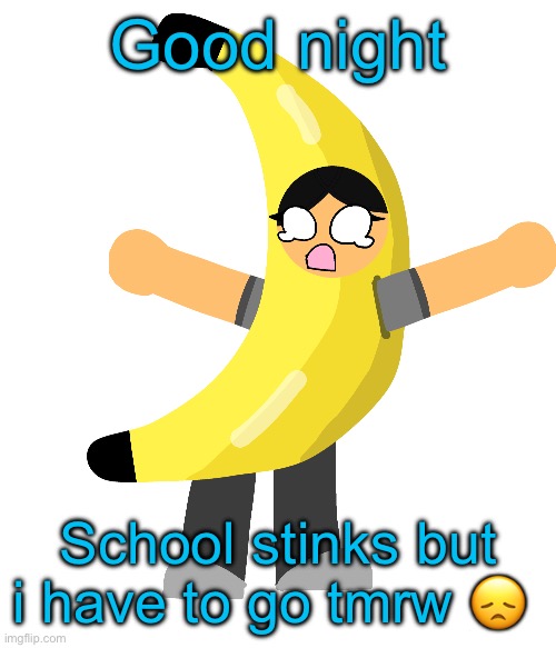 Abby in a banana costume | Good night; School stinks but i have to go tmrw 😞 | image tagged in abby in a banana costume | made w/ Imgflip meme maker