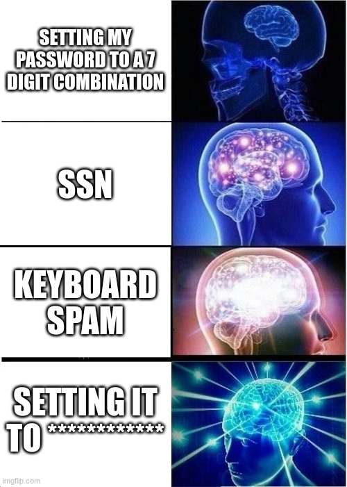 Bigbrain password | SETTING MY PASSWORD TO A 7 DIGIT COMBINATION; SSN; KEYBOARD SPAM; SETTING IT TO ************ | image tagged in memes,expanding brain,ssn,password | made w/ Imgflip meme maker