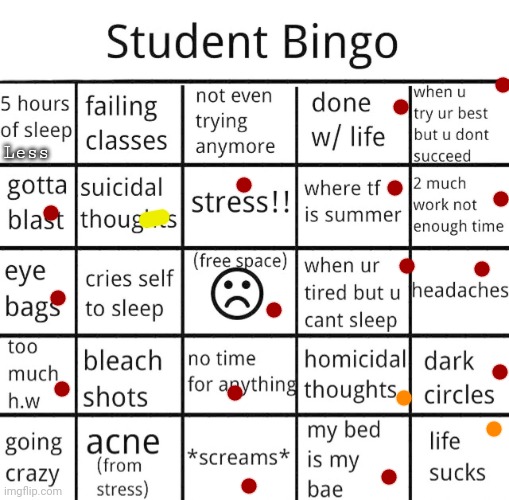 I just wanna sing a sad song but I don't know which I'll relate to  | Less | image tagged in student bingo | made w/ Imgflip meme maker