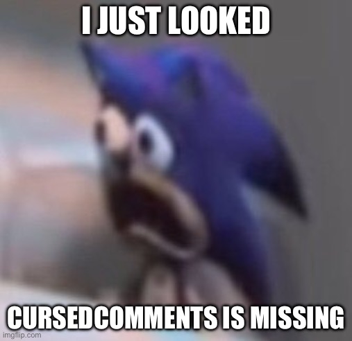 Traumatised Sonic | I JUST LOOKED; CURSEDCOMMENTS IS MISSING | image tagged in traumatised sonic,missing,cursed,comment | made w/ Imgflip meme maker