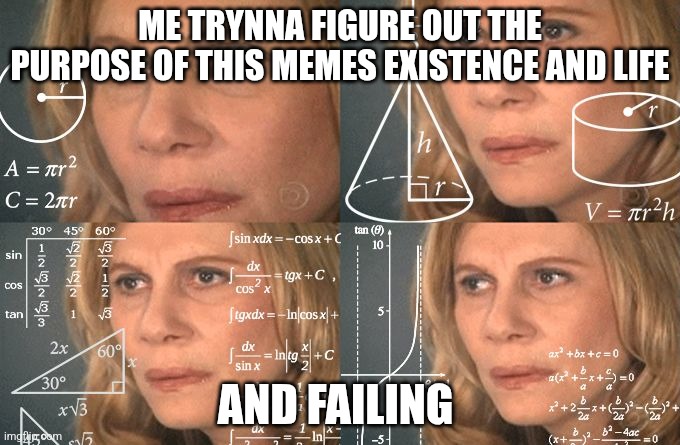 ME TRYNNA FIGURE OUT THE PURPOSE OF THIS MEMES EXISTENCE AND LIFE AND FAILING | image tagged in calculating meme | made w/ Imgflip meme maker