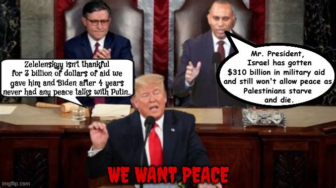 Trump to lie to Congress too | Mr. President,
 Israel has gotten $310 billion in military aid 
and still won't allow peace as
Palestinians starve
 and die. Zelelenskyy isn't thankful for 3 billion of dollars of aid we gave him and Biden after 4 years never had any peace talks with Putin.. WE WANT PEACE | image tagged in master of disaster,antichrist,putin's puppet,attack iran,doge is cutting fraud and waste from the fat and bloated budget | made w/ Imgflip meme maker