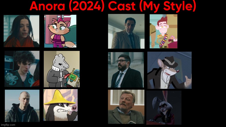 Anora (2024) Cast (My Style) | image tagged in anora 2024 cast my style,anora,meme,spoof cast,memes,characters | made w/ Imgflip meme maker