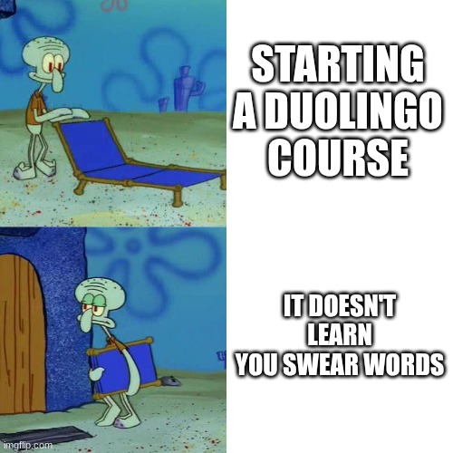 why tho | STARTING A DUOLINGO COURSE; IT DOESN'T LEARN YOU SWEAR WORDS | image tagged in squidward chair,swearing | made w/ Imgflip meme maker