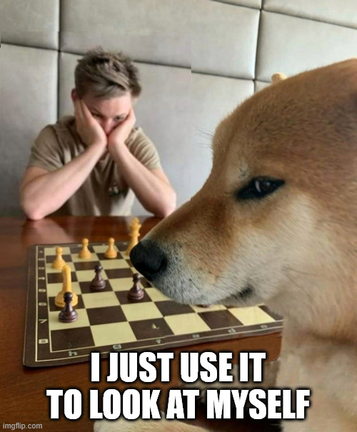 Chess doge | I JUST USE IT TO LOOK AT MYSELF | image tagged in chess doge | made w/ Imgflip meme maker