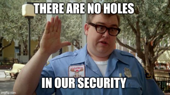 Security | THERE ARE NO HOLES; IN OUR SECURITY | image tagged in walley world security guard,funny memes | made w/ Imgflip meme maker