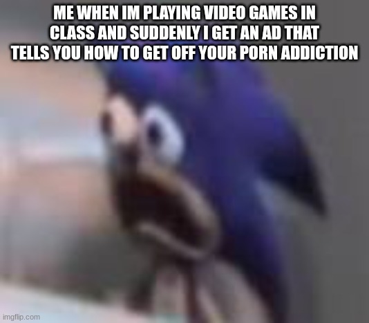 aaaa | ME WHEN IM PLAYING VIDEO GAMES IN CLASS AND SUDDENLY I GET AN AD THAT TELLS YOU HOW TO GET OFF YOUR PORN ADDICTION | image tagged in sad screaming sonic,porn | made w/ Imgflip meme maker