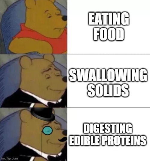 Poohs language has exceeded the human limit. | EATING FOOD; SWALLOWING SOLIDS; DIGESTING EDIBLE PROTEINS | image tagged in fancy pooh | made w/ Imgflip meme maker