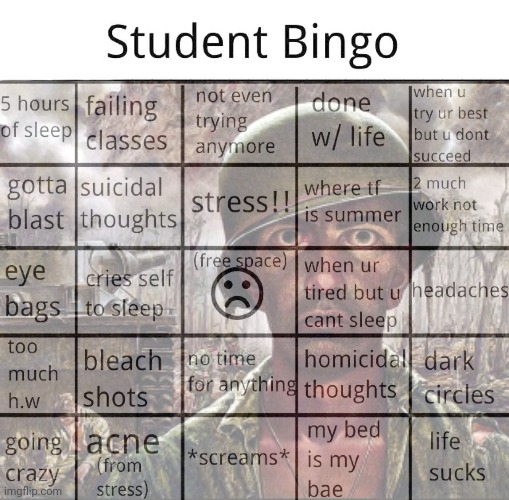 Some of you need counseling. About mental health. About what you wanna do in your future. About if it's the right path for you. | image tagged in student bingo,please stay strong | made w/ Imgflip meme maker