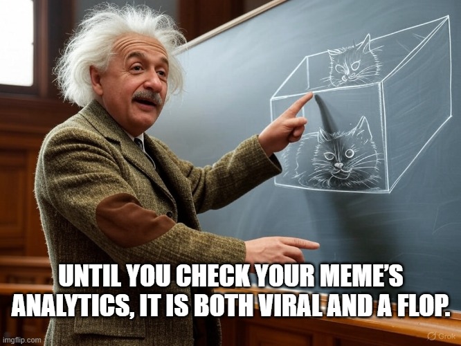 einstein | UNTIL YOU CHECK YOUR MEME’S ANALYTICS, IT IS BOTH VIRAL AND A FLOP. | image tagged in funny,funny memes,einstein | made w/ Imgflip meme maker