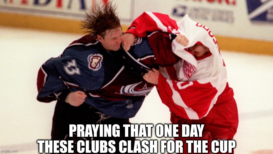 Avalanche Redwings rivalry meme | PRAYING THAT ONE DAY THESE CLUBS CLASH FOR THE CUP | image tagged in redwings avs fight,avalanche,nhl,hockey,sports,rivalry | made w/ Imgflip meme maker