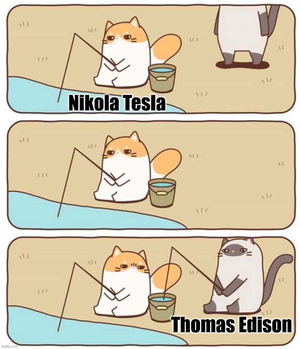 Edison taking from Tesla | Nikola Tesla; Thomas Edison | image tagged in cat fishing | made w/ Imgflip meme maker