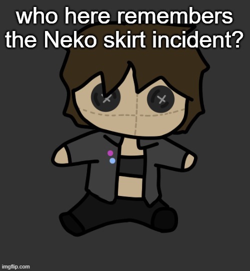 Neko plushy(Thx Disco) | who here remembers the Neko skirt incident? | image tagged in neko plushy thx disco | made w/ Imgflip meme maker