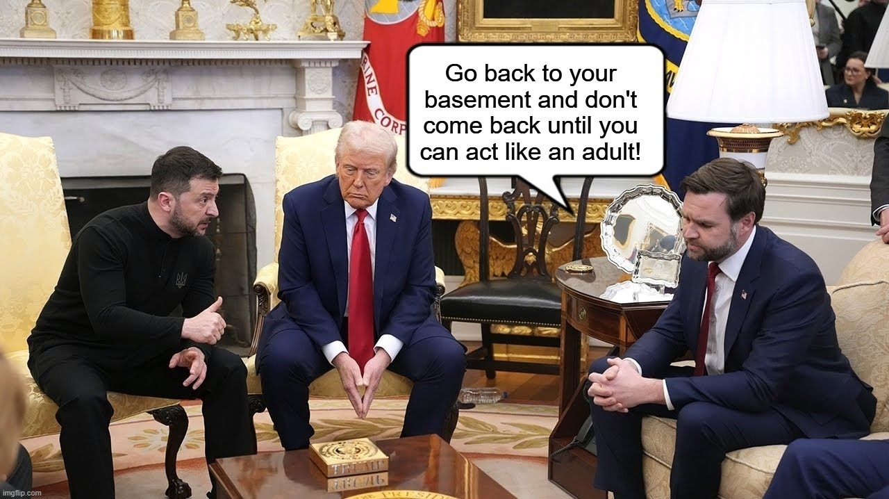 Go back to your basement and don't come back until you can act like an adult! | image tagged in jd vance,president trump,zelensky,spoiled brat,who's your daddy,basement dweller | made w/ Imgflip meme maker