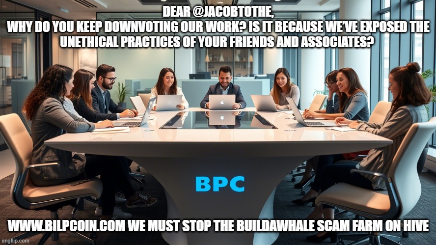 DEAR @JACOBTOTHE,
WHY DO YOU KEEP DOWNVOTING OUR WORK? IS IT BECAUSE WE’VE EXPOSED THE UNETHICAL PRACTICES OF YOUR FRIENDS AND ASSOCIATES? WWW.BILPCOIN.COM WE MUST STOP THE BUILDAWHALE SCAM FARM ON HIVE | made w/ Imgflip meme maker