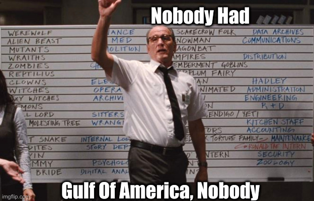Cabin the the woods | Nobody Had Gulf Of America, Nobody | image tagged in cabin the the woods | made w/ Imgflip meme maker