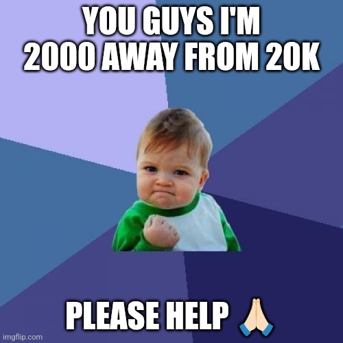 :) | YOU GUYS I'M 2000 AWAY FROM 20K; PLEASE HELP 🙏🏻 | image tagged in memes,success kid | made w/ Imgflip meme maker